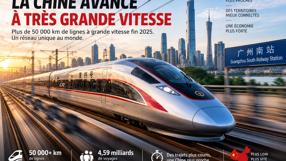 Illustration STORIMITIK d’un train à grande vitesse chinois lancé à pleine vitesse, avec données clés sur l’échelle du réseau ferroviaire.
