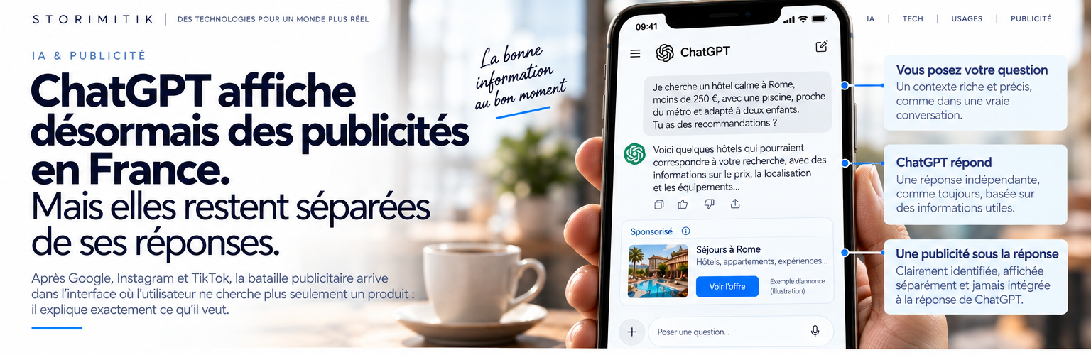 Illustration éditoriale d’une interface ChatGPT montrant une réponse puis une publicité sponsorisée séparée en dessous.
