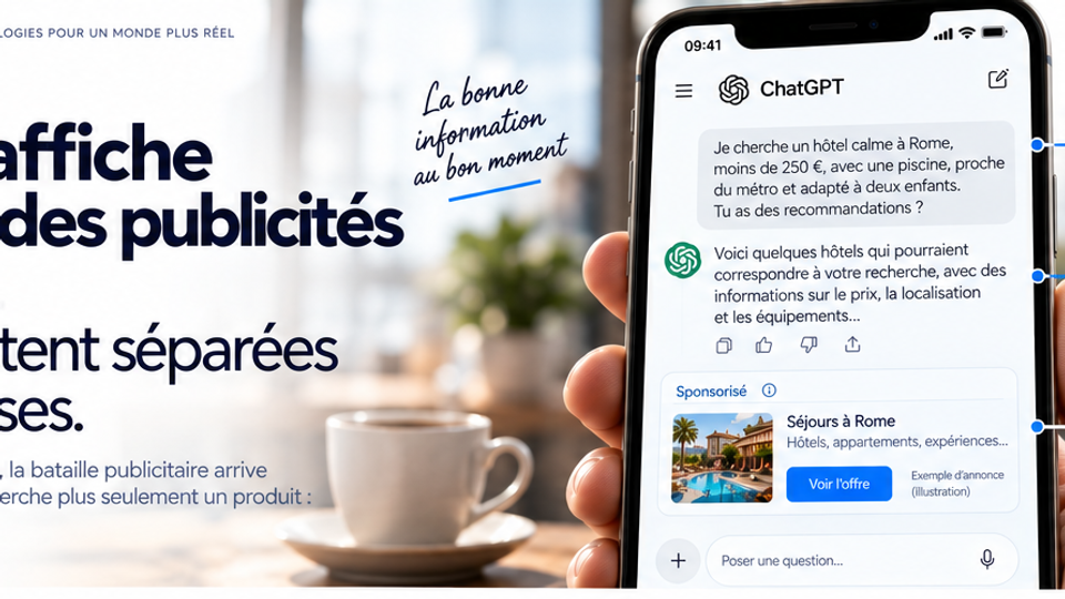 Illustration éditoriale d’une interface ChatGPT montrant une réponse puis une publicité sponsorisée séparée en dessous.