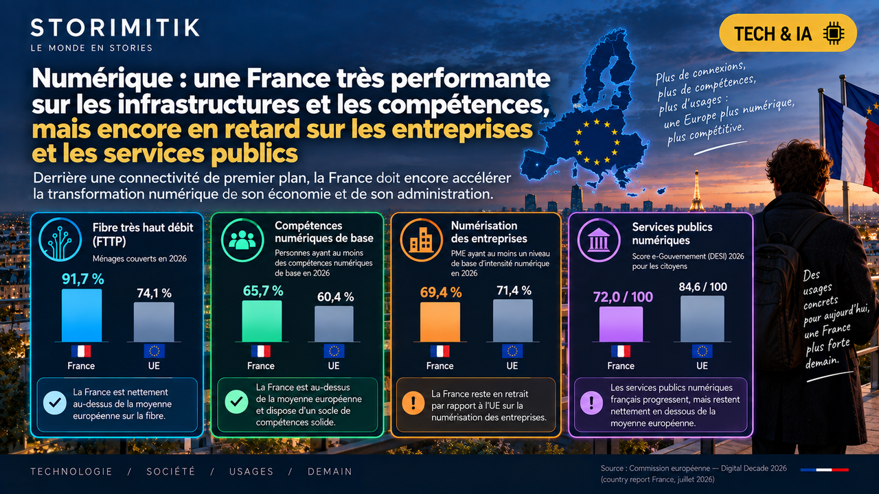 Infographie STORIMITIK comparant la France et l’Union européenne en 2026 sur la fibre, les compétences numériques, la numérisation des PME et les services publics numériques.