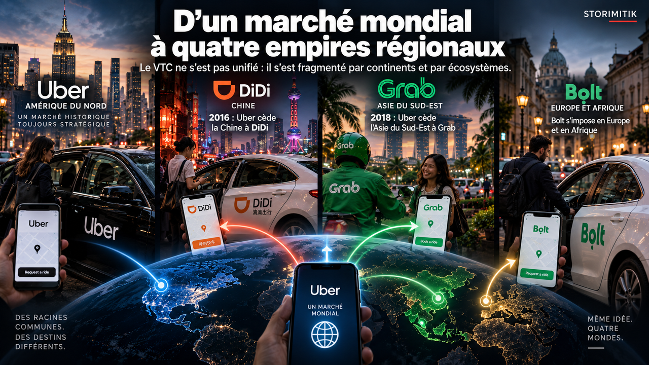Infographie STORIMITIK montrant Uber, DiDi, Grab et Bolt comme quatre bastions régionaux de la mobilité à la demande.