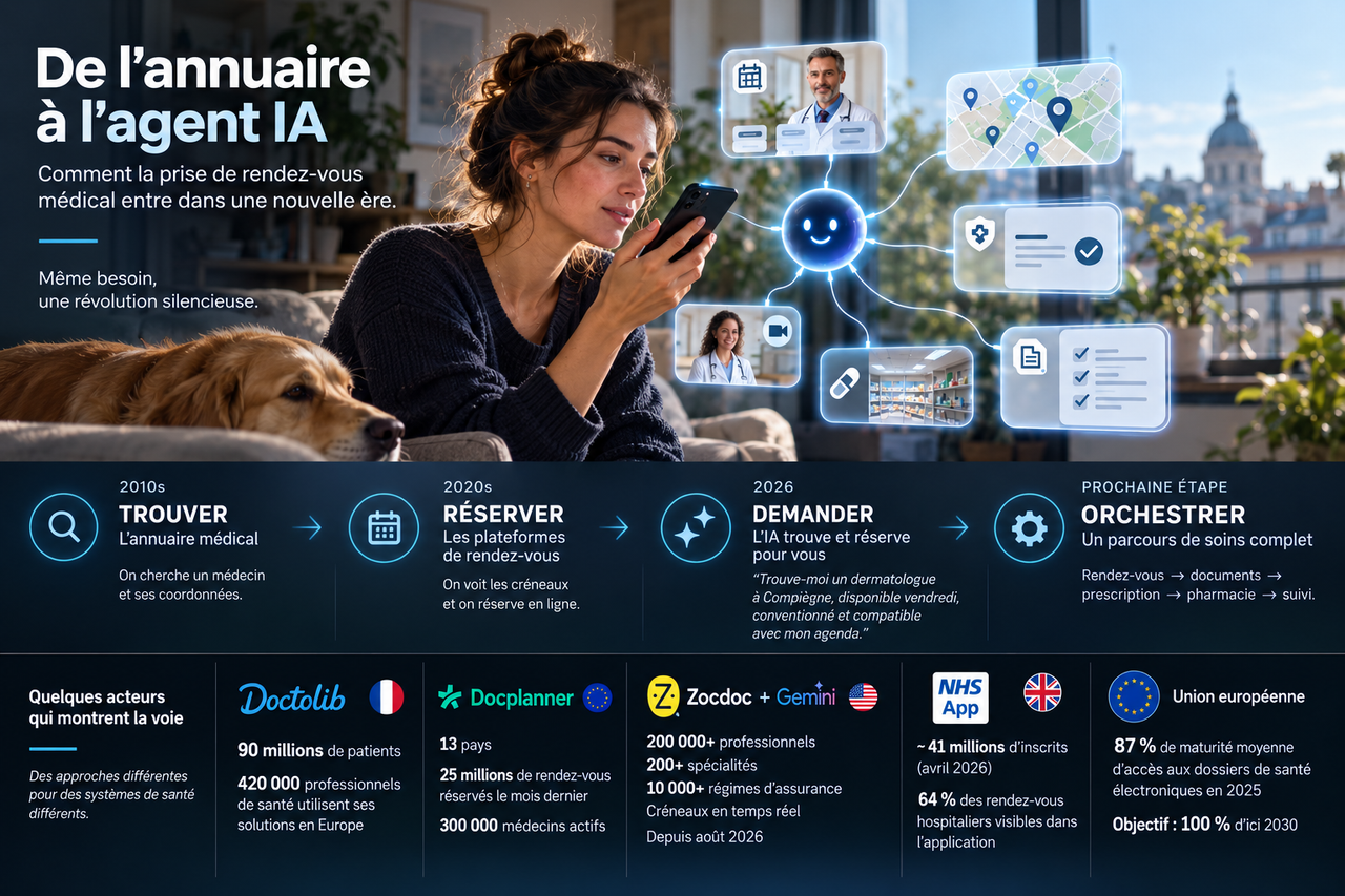 Infographie sur l’évolution de l’accès aux soins, de l’annuaire médical à la réservation en ligne puis aux agents IA, avec Doctolib, Docplanner, Zocdoc, NHS App et l’Union européenne.