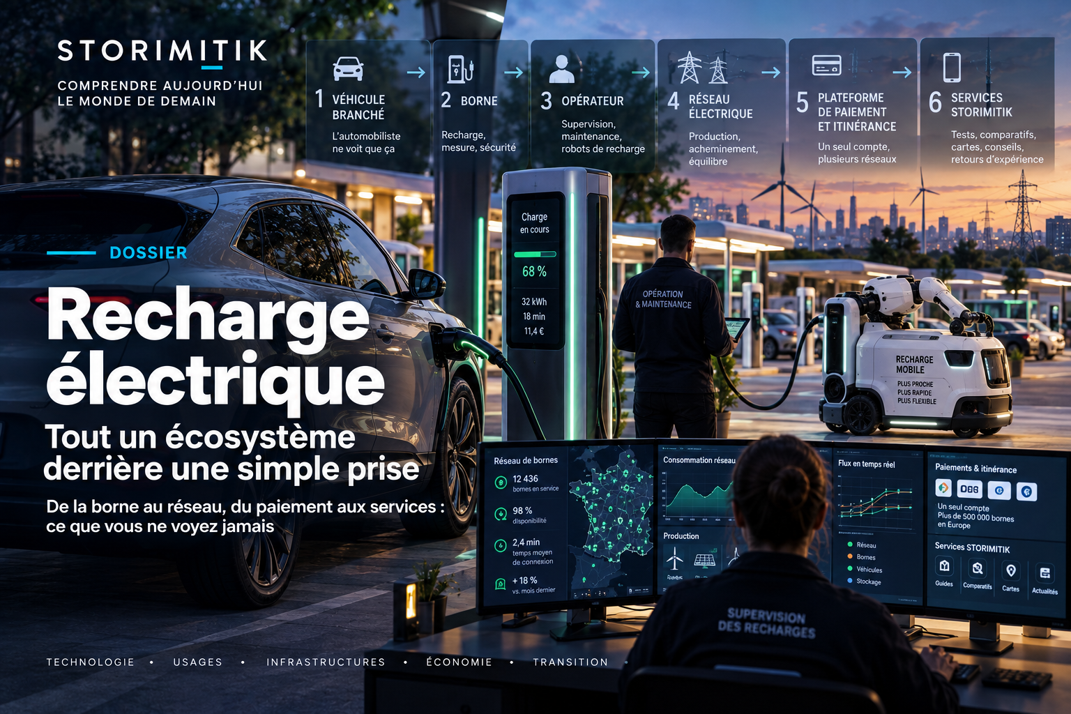 Illustration éditoriale STORIMITIK montrant l’écosystème technique et économique situé derrière une recharge de voiture électrique.
