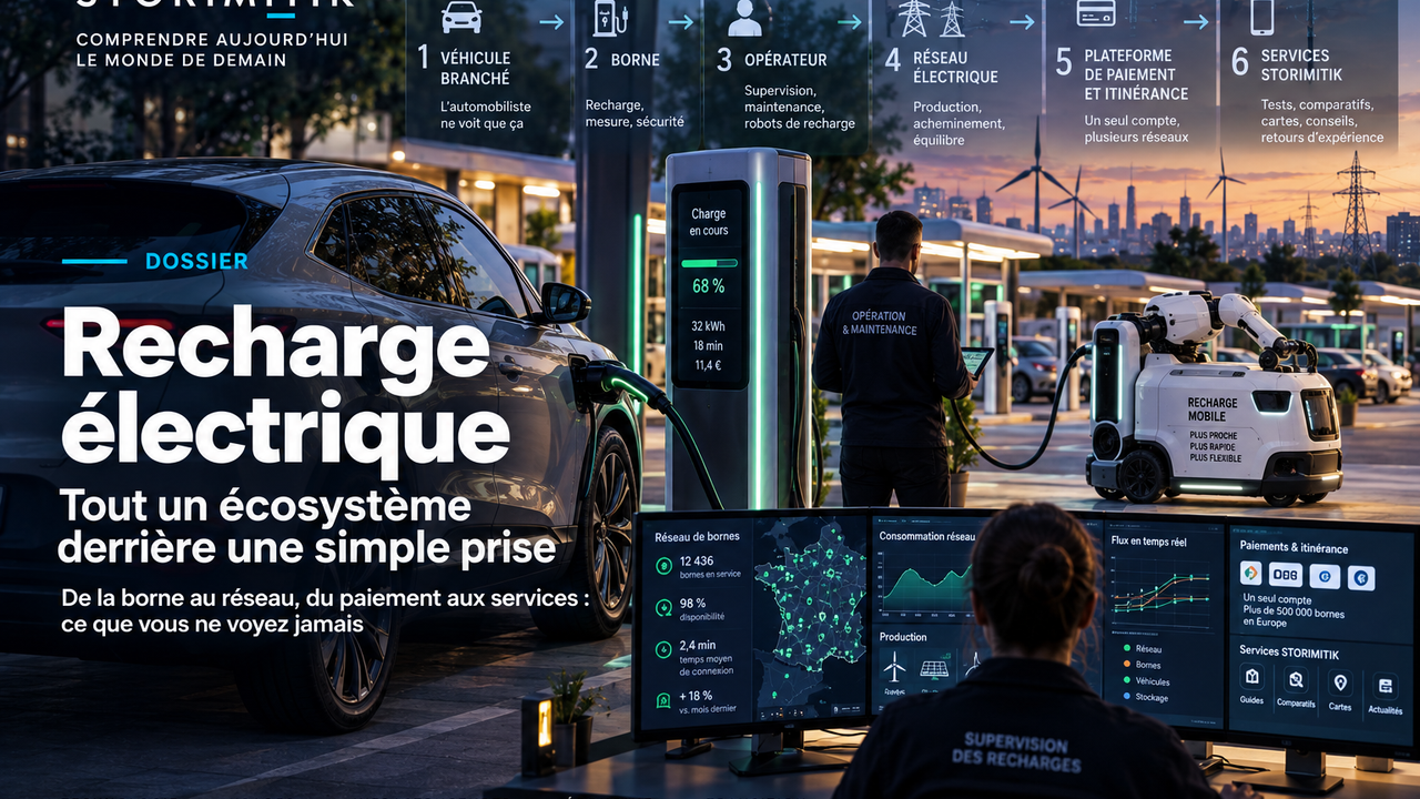 Illustration éditoriale STORIMITIK montrant l’écosystème technique et économique situé derrière une recharge de voiture électrique.