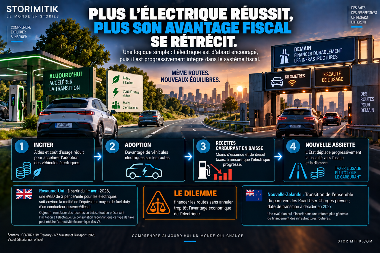 Illustration STORIMITIK montrant le cycle fiscal de l’électrification automobile, de l’incitation initiale à une taxation progressive de l’usage.