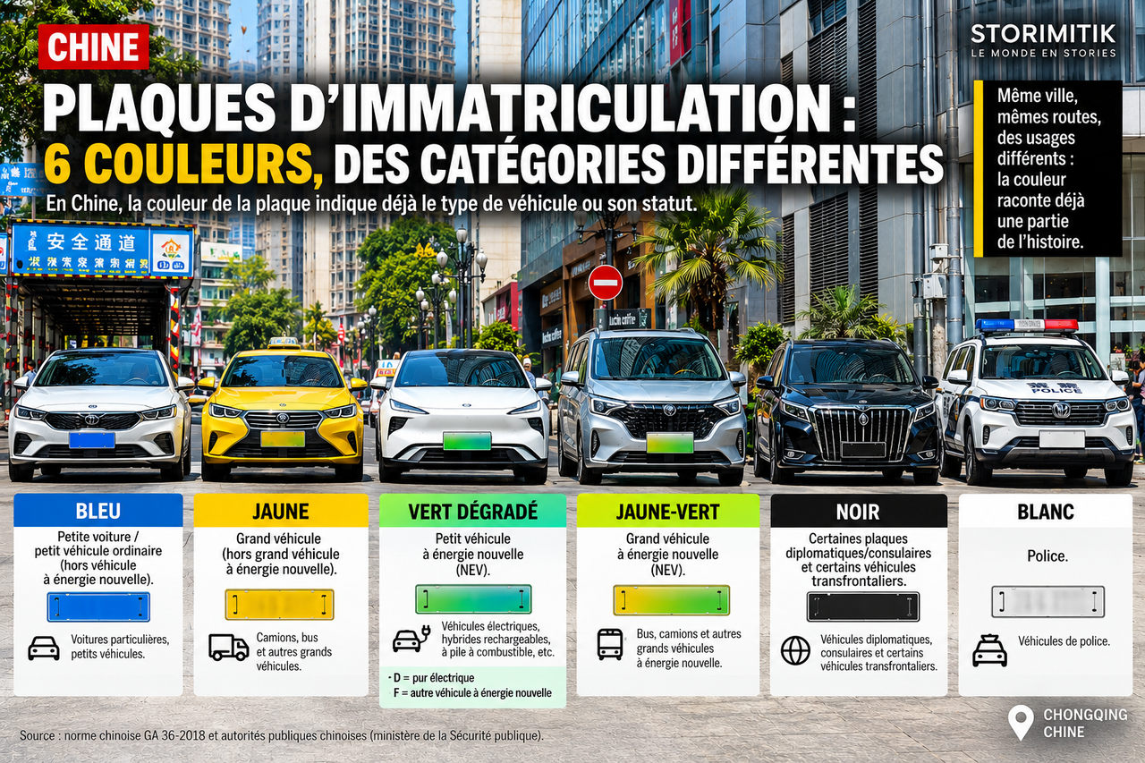 Infographie STORIMITIK présentant les principales couleurs de plaques chinoises et leurs catégories.