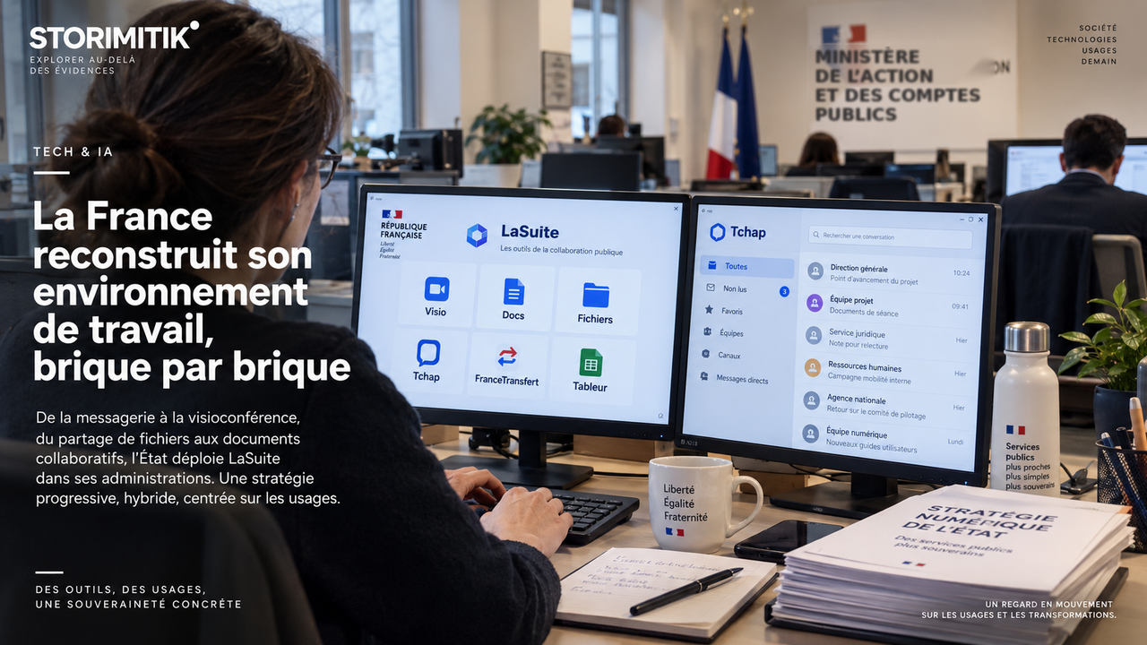 Reconstitution éditoriale d’un agent public utilisant LaSuite et Tchap dans un environnement de travail administratif.