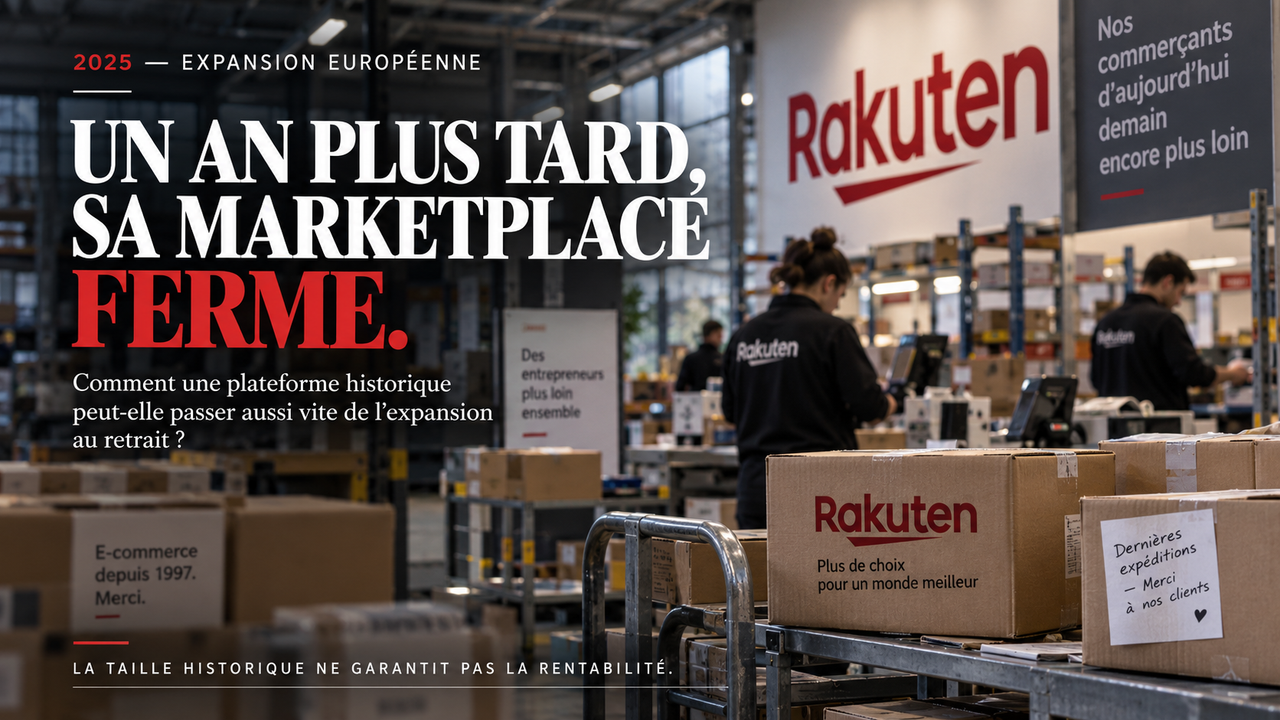Illustration éditoriale STORIMITIK montrant un environnement logistique Rakuten pour raconter le contraste entre expansion européenne en 2025 et fermeture de la marketplace française en 2026.