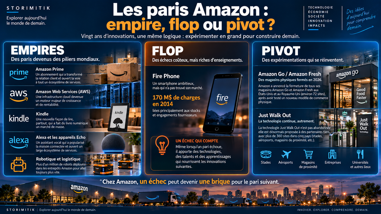 Infographie classant plusieurs paris Amazon en trois catégories : empires, flop et pivot.