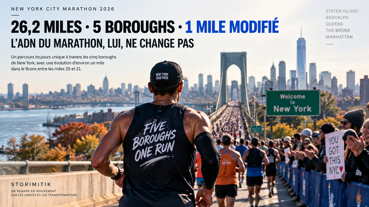 Illustration éditoriale du marathon de New York rappelant que le parcours 2026 conserve 26,2 miles et traverse toujours les cinq boroughs malgré la modification d’environ un mile dans le Bronx.