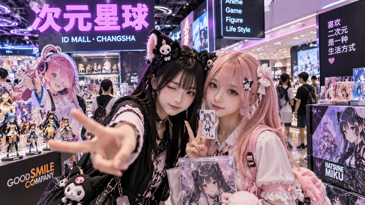Illustration conceptuelle ultra-réaliste de jeunes visiteurs en tenue cosplay dans un univers de pop culture à Changsha.