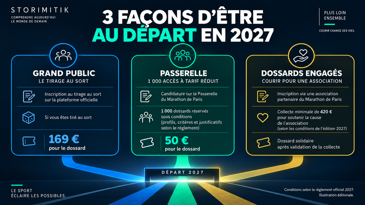 Illustration éditoriale STORIMITIK présentant les trois voies d’accès au Marathon de Paris 2027 : grand public, Passerelle et Dossards Engagés.