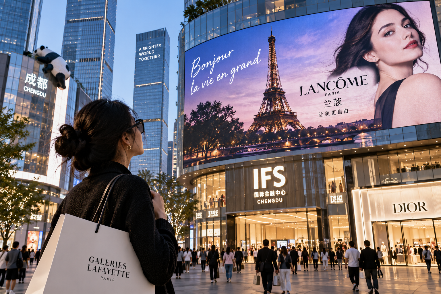 Composition éditoriale STORIMITIK montrant une métropole chinoise contemporaine confrontée à une imagerie commerciale de Paris et du luxe français.