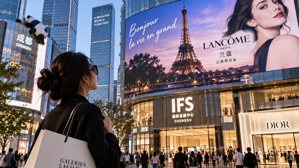 Composition éditoriale STORIMITIK montrant une métropole chinoise contemporaine confrontée à une imagerie commerciale de Paris et du luxe français.