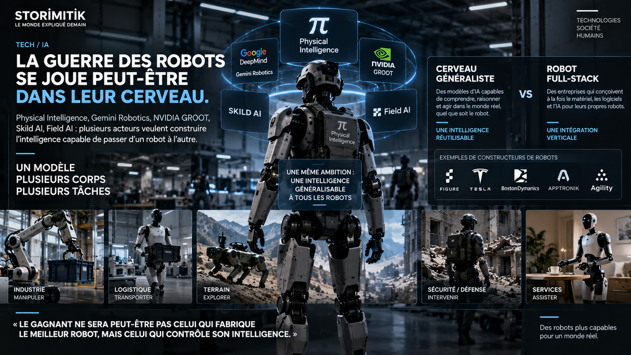 Illustration éditoriale STORIMITIK représentant la compétition entre Physical Intelligence, Google DeepMind, NVIDIA, Skild AI, FieldAI et des constructeurs de robots.