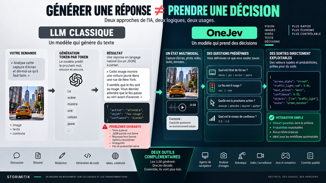 Illustration éditoriale comparant un LLM génératif produisant du texte token par token et OneJev renvoyant des décisions structurées à partir d’un état multimodal.