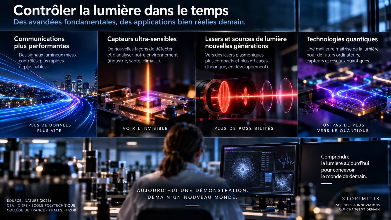 Illustration prospective d’un laboratoire de photonique présentant plusieurs domaines potentiels d’application du contrôle temporel de la lumière.