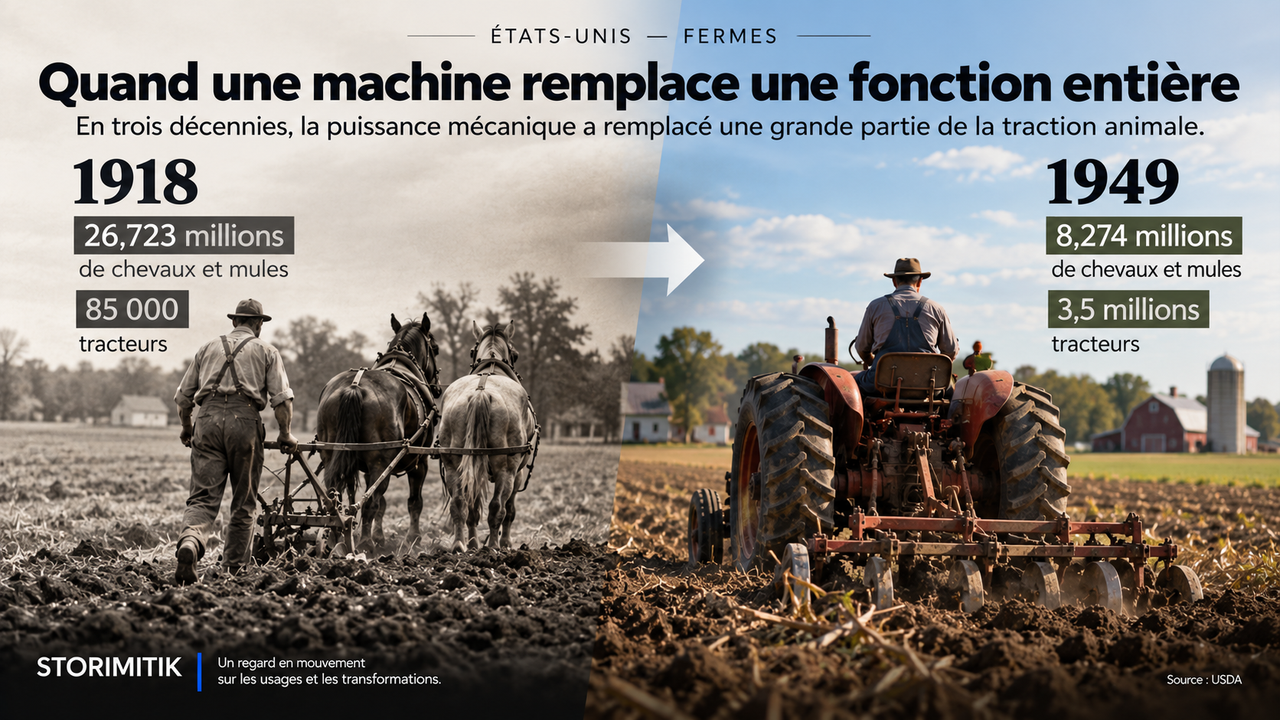 Infographie STORIMITIK comparant chevaux, mules et tracteurs dans les fermes américaines en 1918 et en 1949.