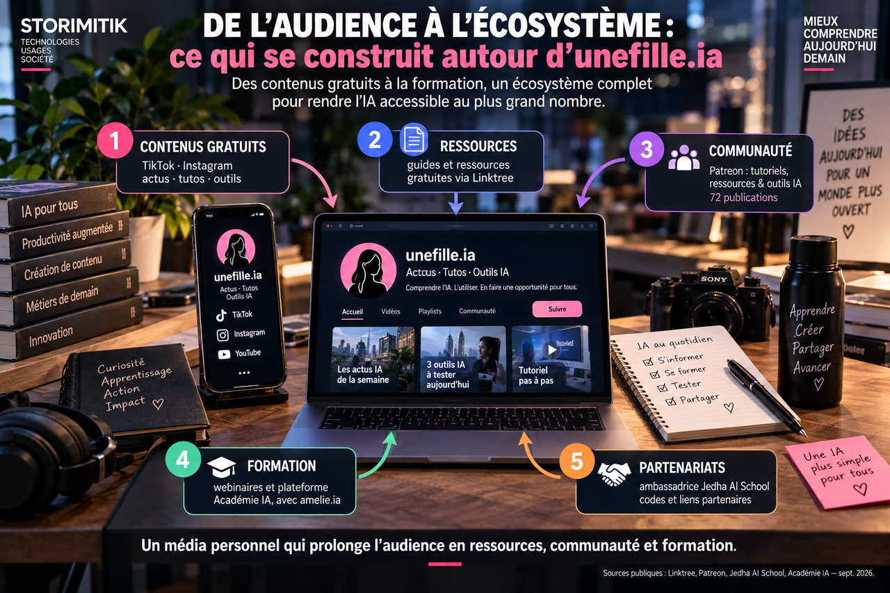 Illustration STORIMITIK de l’écosystème public autour d’unefille.ia : contenus gratuits, ressources, Patreon, formation et partenariats.