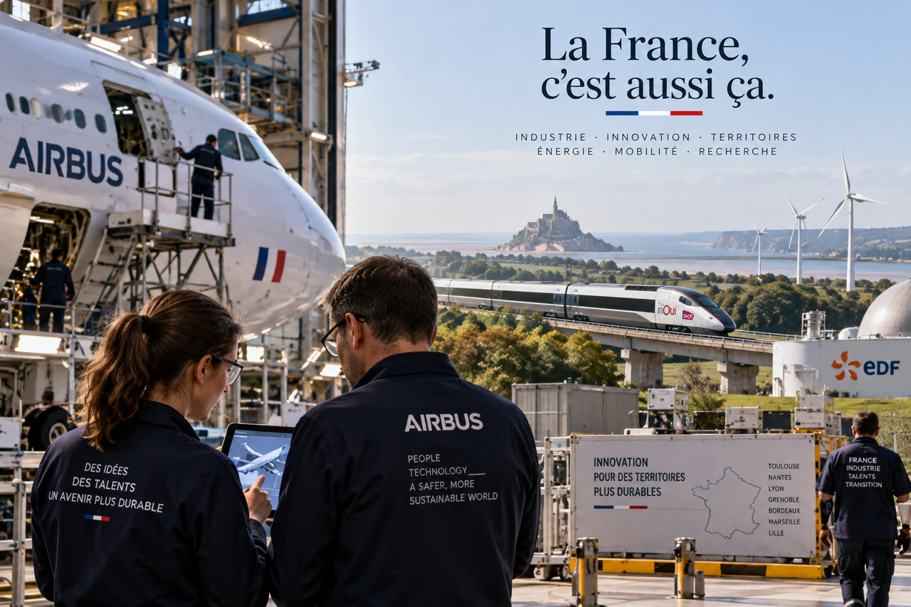 Composition éditoriale STORIMITIK montrant une France industrielle et technologique avec aéronautique, ferroviaire, énergie, recherche et territoires.