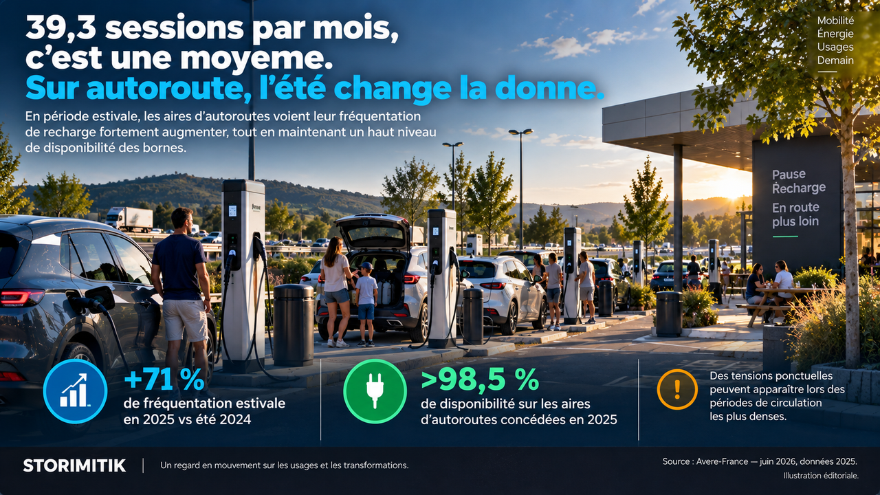 Aire d’autoroute équipée de nombreuses bornes de recharge en période estivale, avec des familles et plusieurs véhicules en charge.