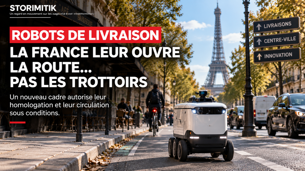 Robot de livraison autonome circulant sur la chaussée dans une ville française, tandis que le trottoir reste réservé aux piétons.