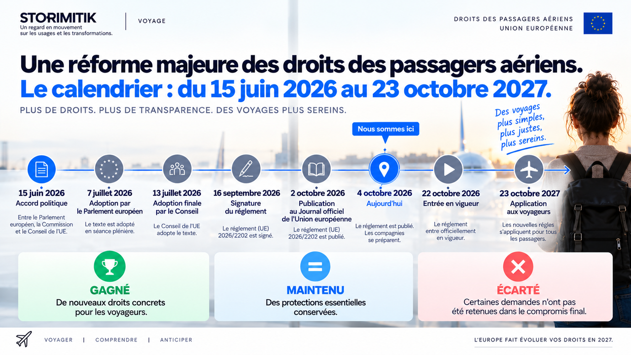 Illustration éditoriale STORIMITIK retraçant le calendrier de la réforme européenne des droits des passagers aériens jusqu’à son application le 23 octobre 2027.