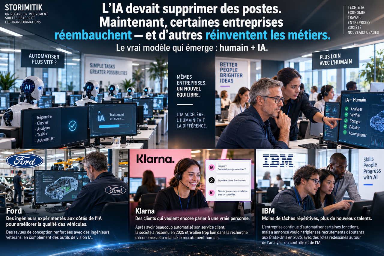 Illustration STORIMITIK montrant le passage d’une automatisation centrée sur l’IA à un modèle hybride associant intelligence artificielle et expertise humaine.
