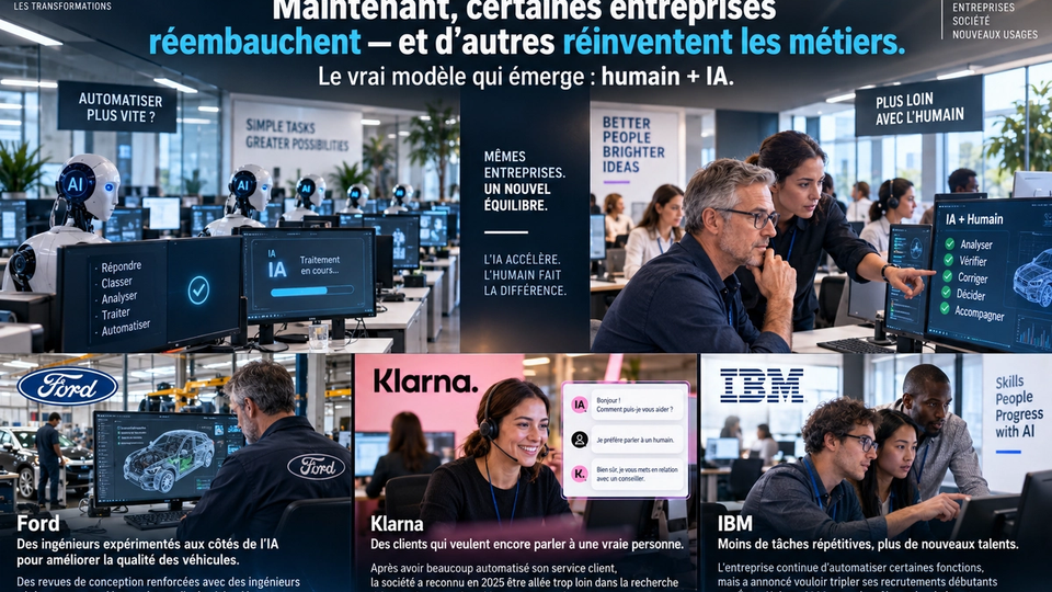 Illustration STORIMITIK montrant le passage d’une automatisation centrée sur l’IA à un modèle hybride associant intelligence artificielle et expertise humaine.