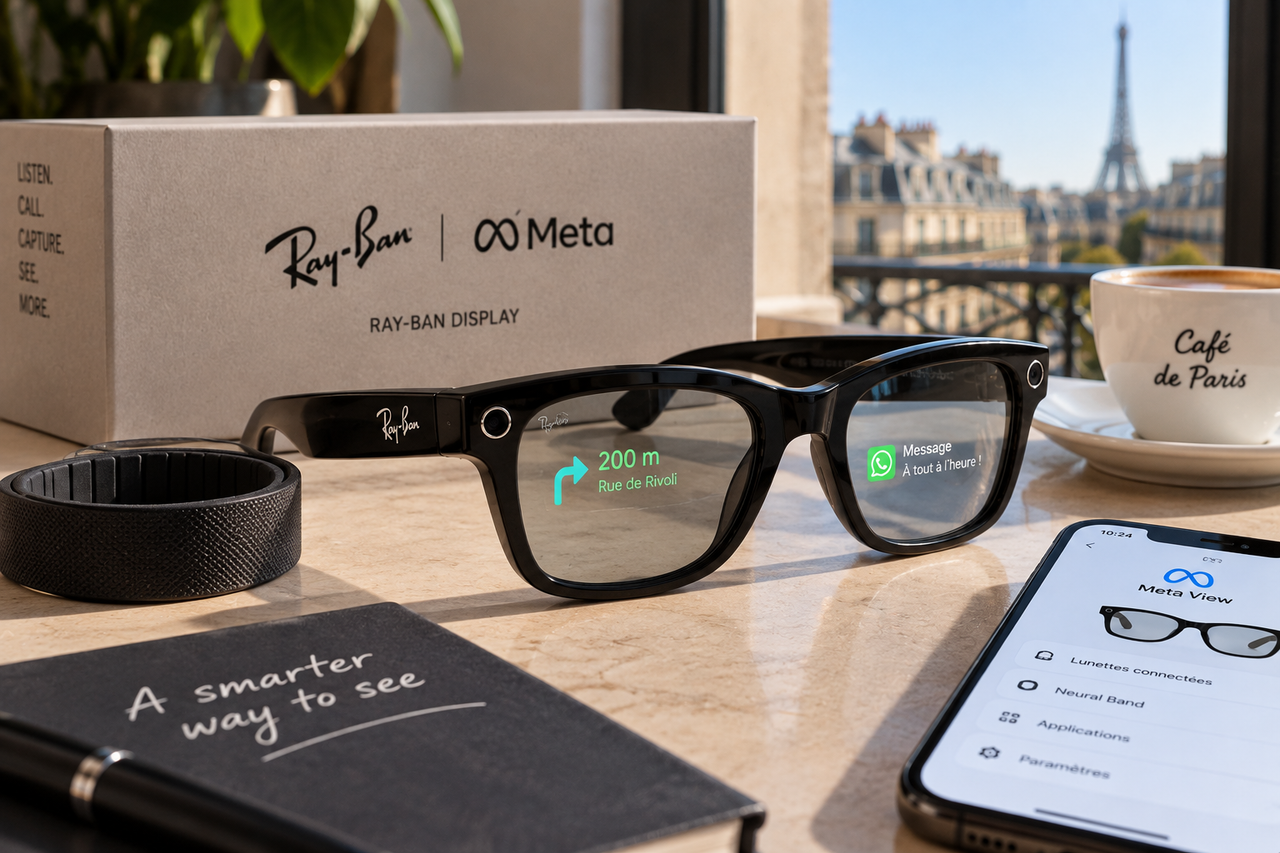 Illustration éditoriale des Meta Ray-Ban Display, de leur bracelet Meta Neural Band et d’un smartphone dans un décor parisien.