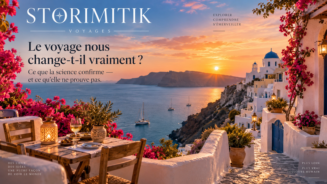 Village méditerranéen au coucher du soleil avec vue sur la mer, présenté comme une carte postale de voyage premium.