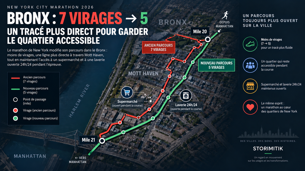 Illustration cartographique conceptuelle comparant l’ancien et le nouveau tracé du marathon de New York dans le Bronx entre les miles 20 et 21.