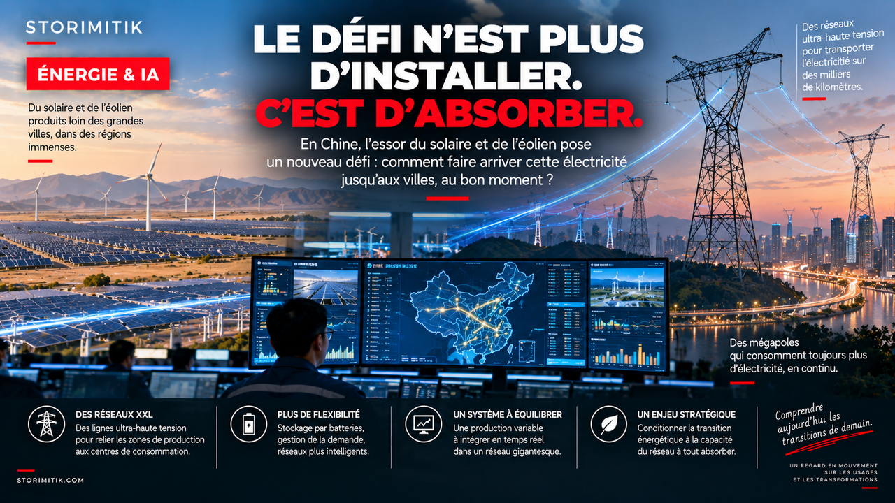 Illustration STORIMITIK montrant des centrales solaires et éoliennes reliées à des villes chinoises par des lignes à très haute tension, du stockage et des centres de supervision.