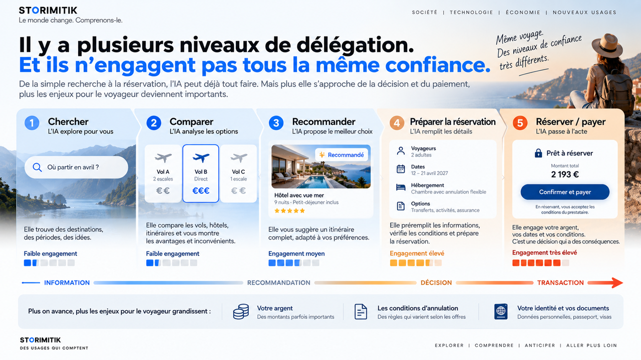 Infographie STORIMITIK montrant plusieurs niveaux de délégation de l’IA, de la recherche à la réservation et au paiement.