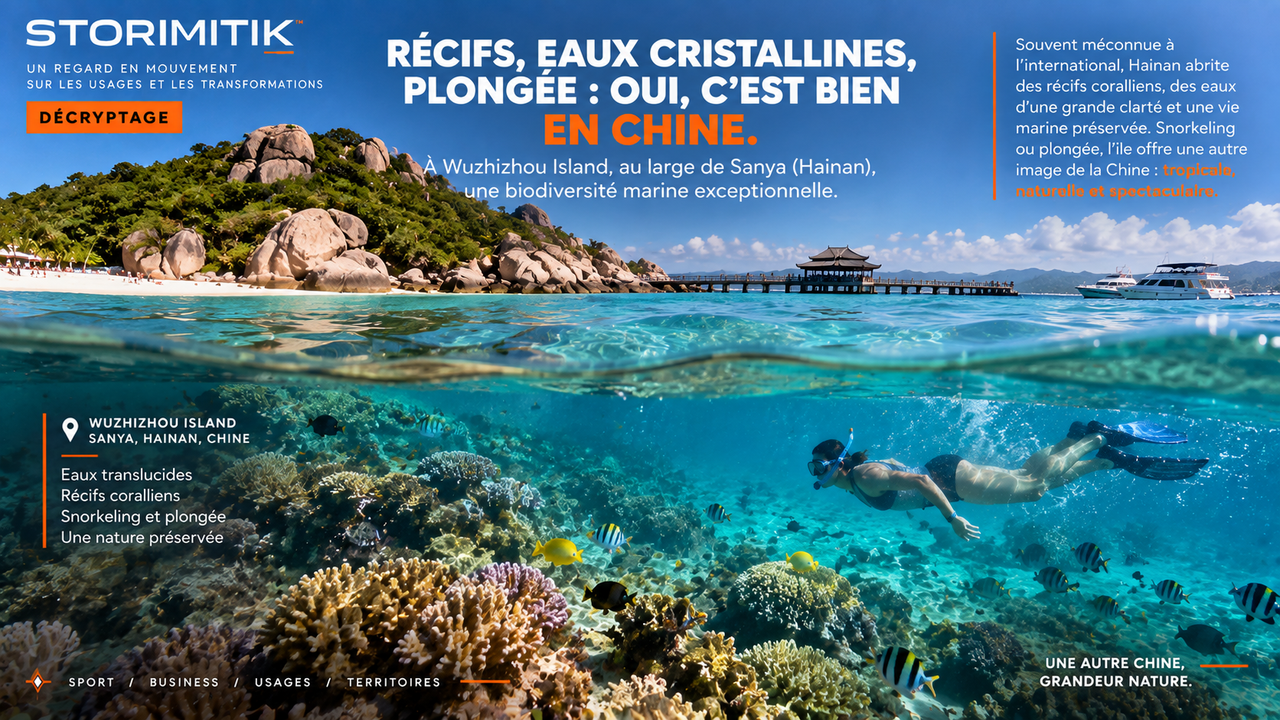 Reconstitution éditoriale de Wuzhizhou Island montrant une eau claire, des récifs et une scène de snorkeling.