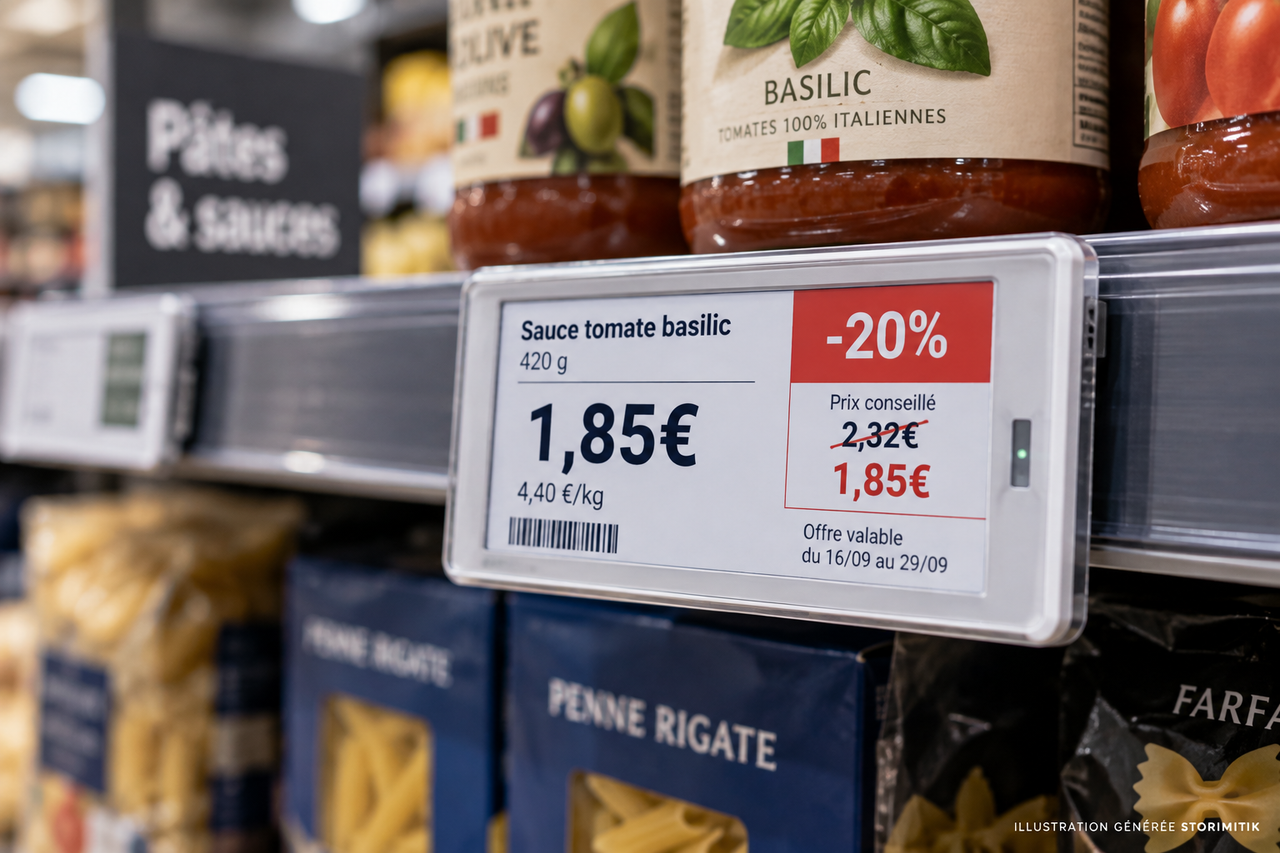 Gros plan illustré d’une étiquette électronique affichant un prix et une promotion dans un rayon de supermarché.