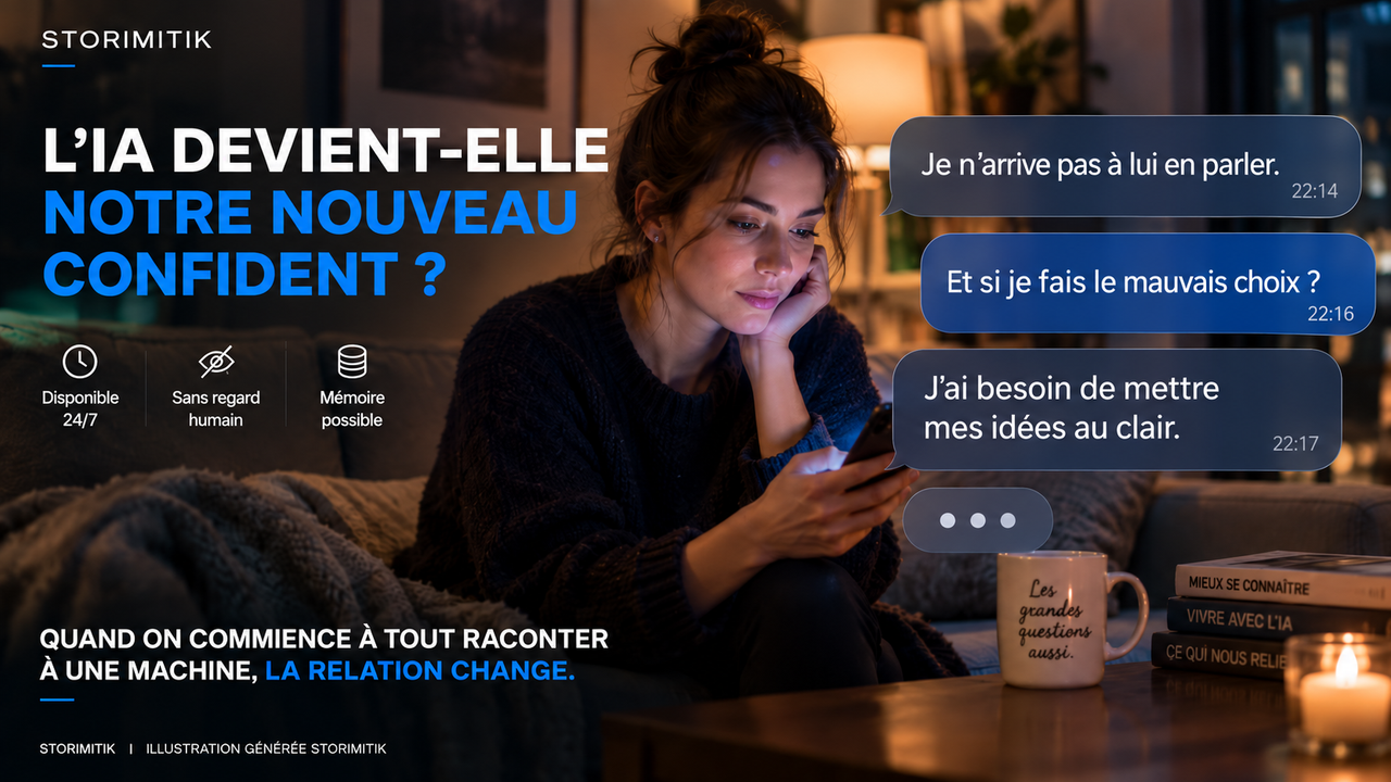 Illustration éditoriale STORIMITIK d’une personne utilisant une intelligence artificielle comme espace de confidence le soir.
