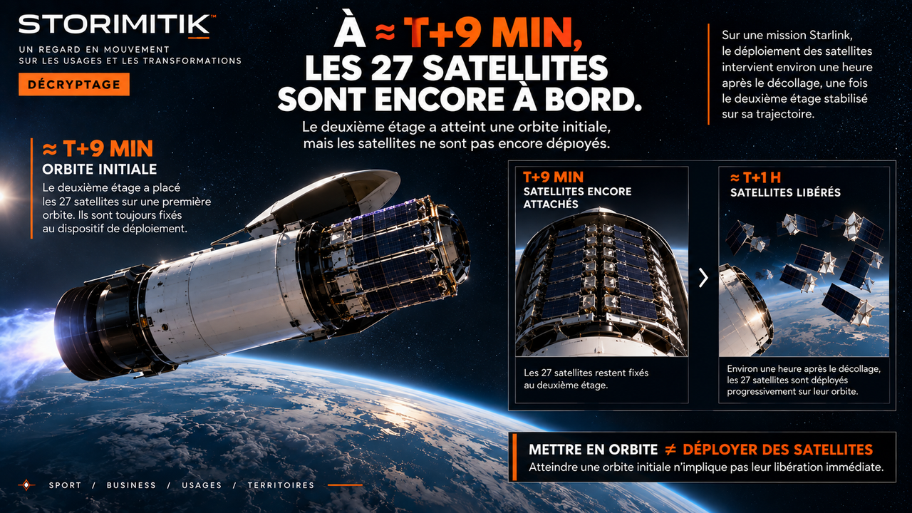 Reconstitution éditoriale du deuxième étage d’un Falcon 9 avec ses satellites encore attachés après l’insertion orbitale initiale.