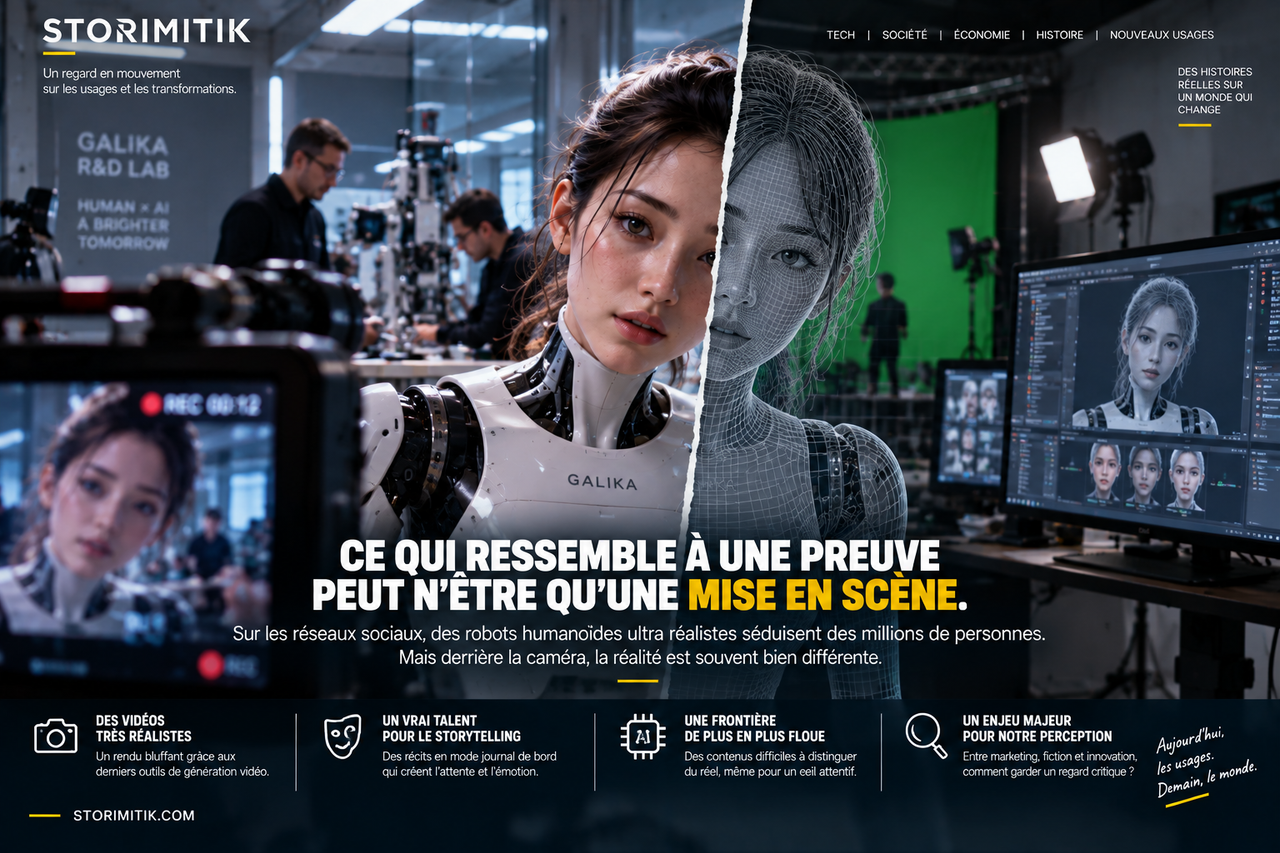 Illustration STORIMITIK montrant un humanoïde photoréaliste dont une moitié révèle un maillage numérique et un studio de fabrication visuelle.