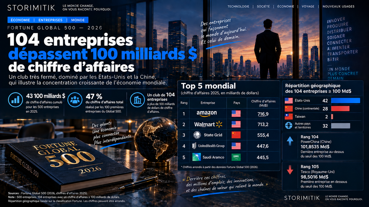 Infographie STORIMITIK présentant le top 5 Fortune Global 500 2026 et la concentration géographique des 104 entreprises dépassant 100 milliards de dollars.