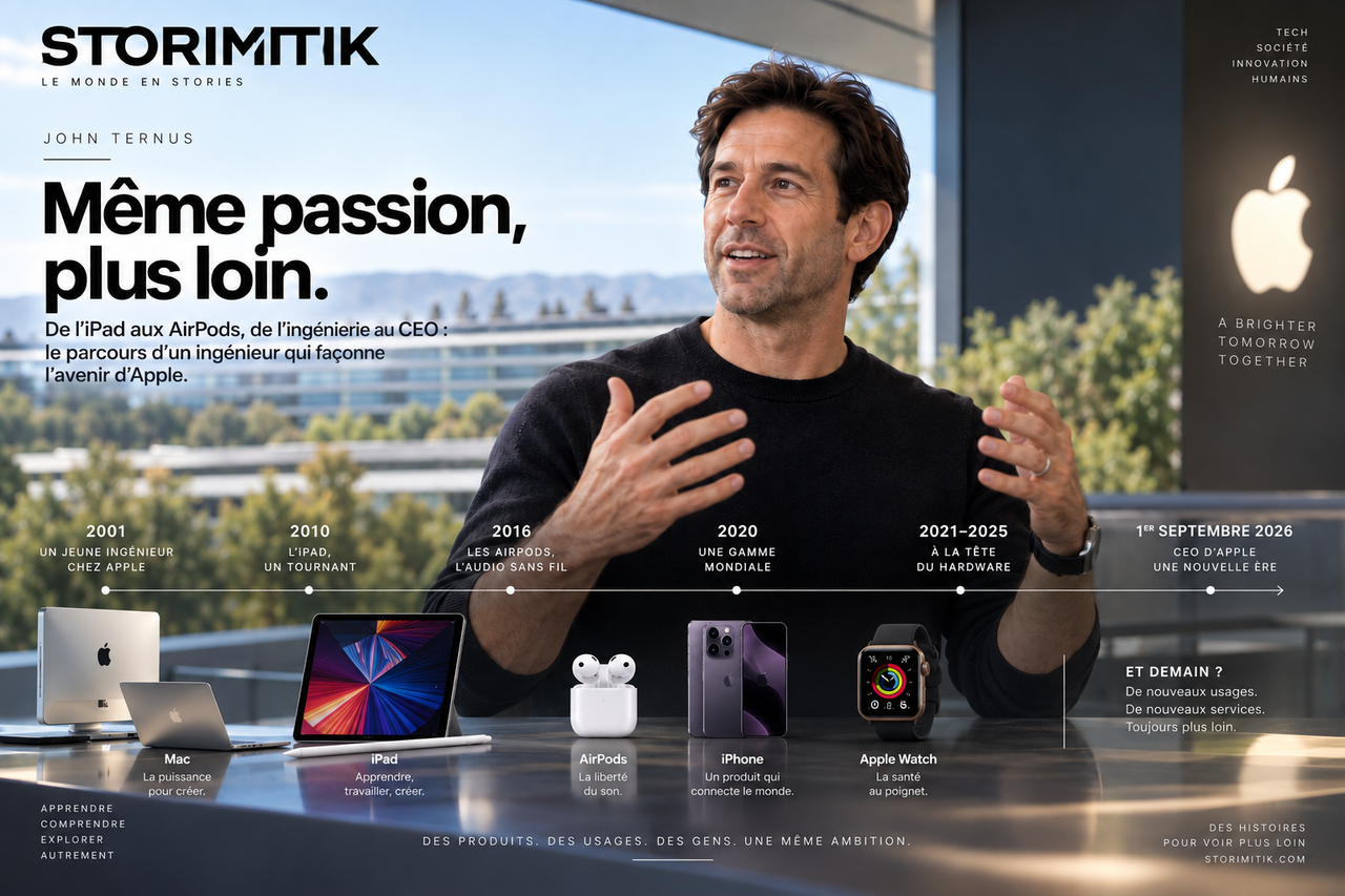 Composition éditoriale STORIMITIK présentant John Ternus devant une sélection de produits Apple liés à son parcours documenté, avec une timeline jusqu’à sa nomination comme CEO.