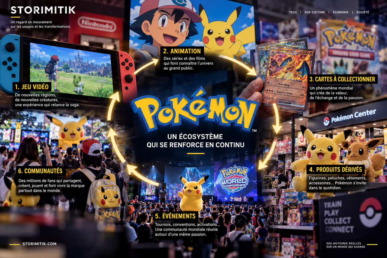 Infographie STORIMITIK représentant la boucle de l’écosystème Pokémon entre jeux vidéo, animation, cartes, produits dérivés, événements et communautés.