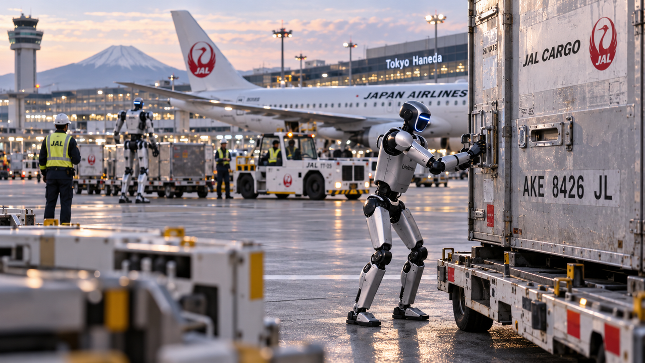 Illustration d’un robot humanoïde manipulant un conteneur JAL Cargo sur le tarmac de l’aéroport de Tokyo-Haneda.