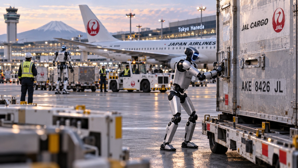 Illustration d’un robot humanoïde manipulant un conteneur JAL Cargo sur le tarmac de l’aéroport de Tokyo-Haneda.