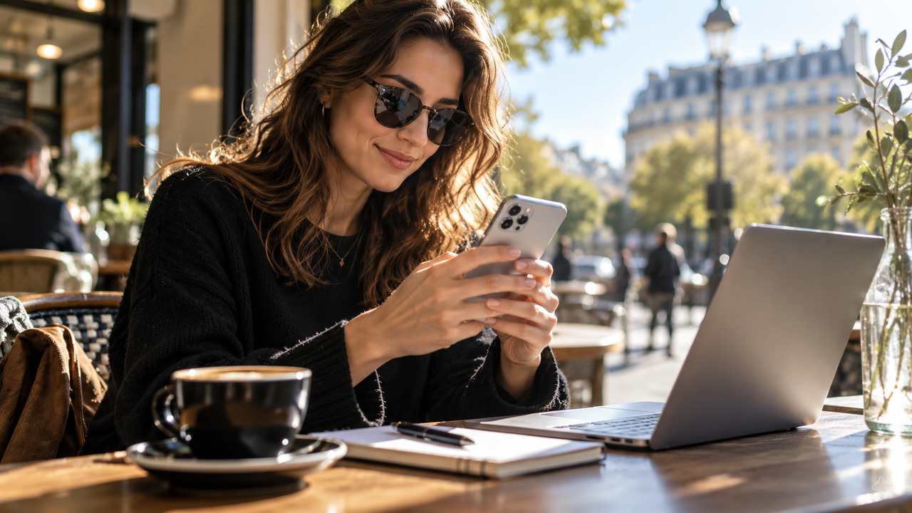 Une femme utilise son smartphone à une terrasse de café, avec un ordinateur portable posé à côté d’elle.