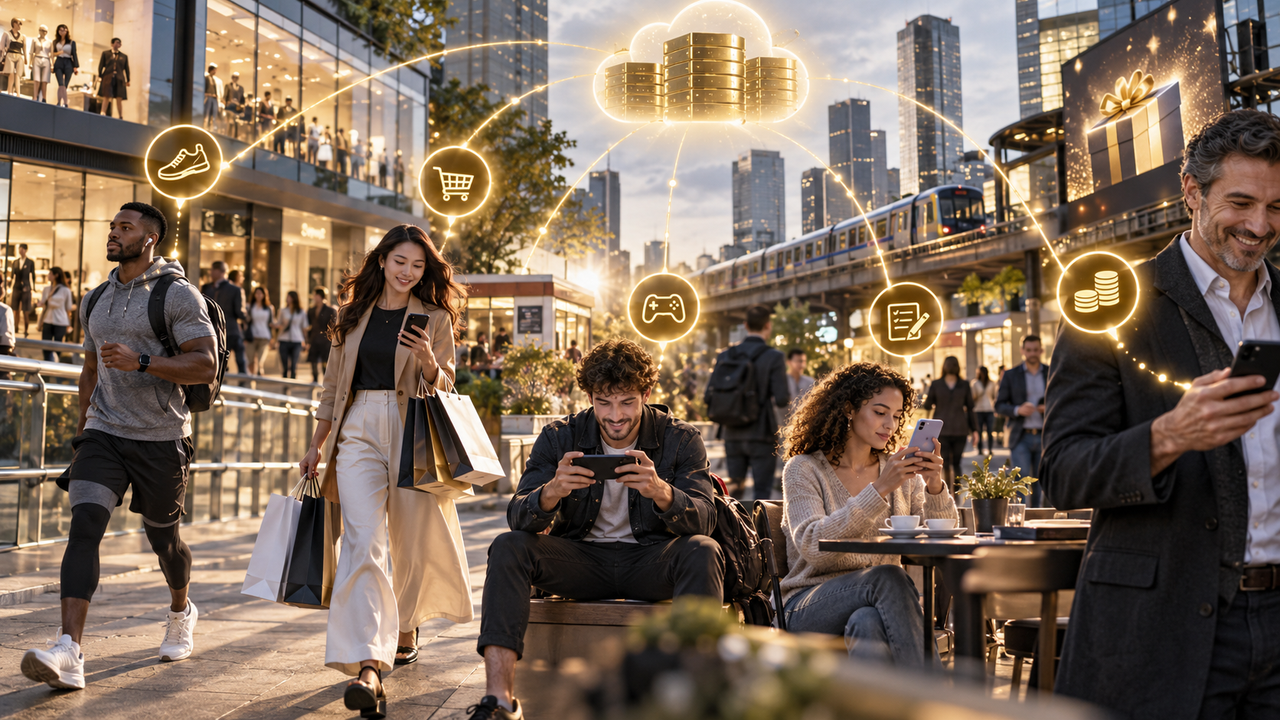 Illustration conceptuelle d’un écosystème urbain dans lequel plusieurs usages quotidiens sont reliés à des systèmes de récompense.