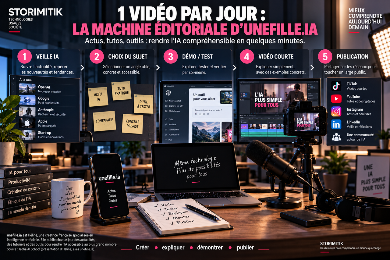 Illustration STORIMITIK d’une machine éditoriale autour d’unefille.ia : veille, choix du sujet, test, vidéo courte et publication.