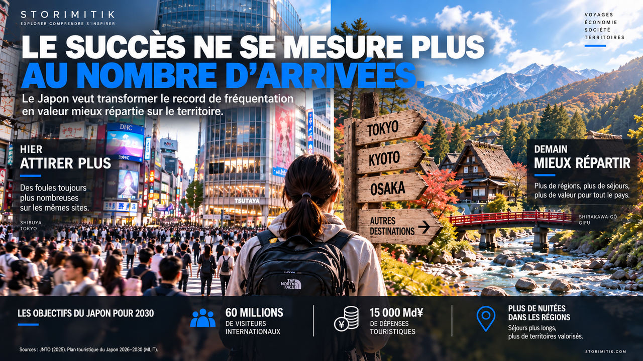 Visuel STORIMITIK comparant une zone touristique japonaise très fréquentée à une région plus rurale, avec les objectifs 2030 de 60 millions de visiteurs et 15 000 milliards de yens de dépenses touristiques.
