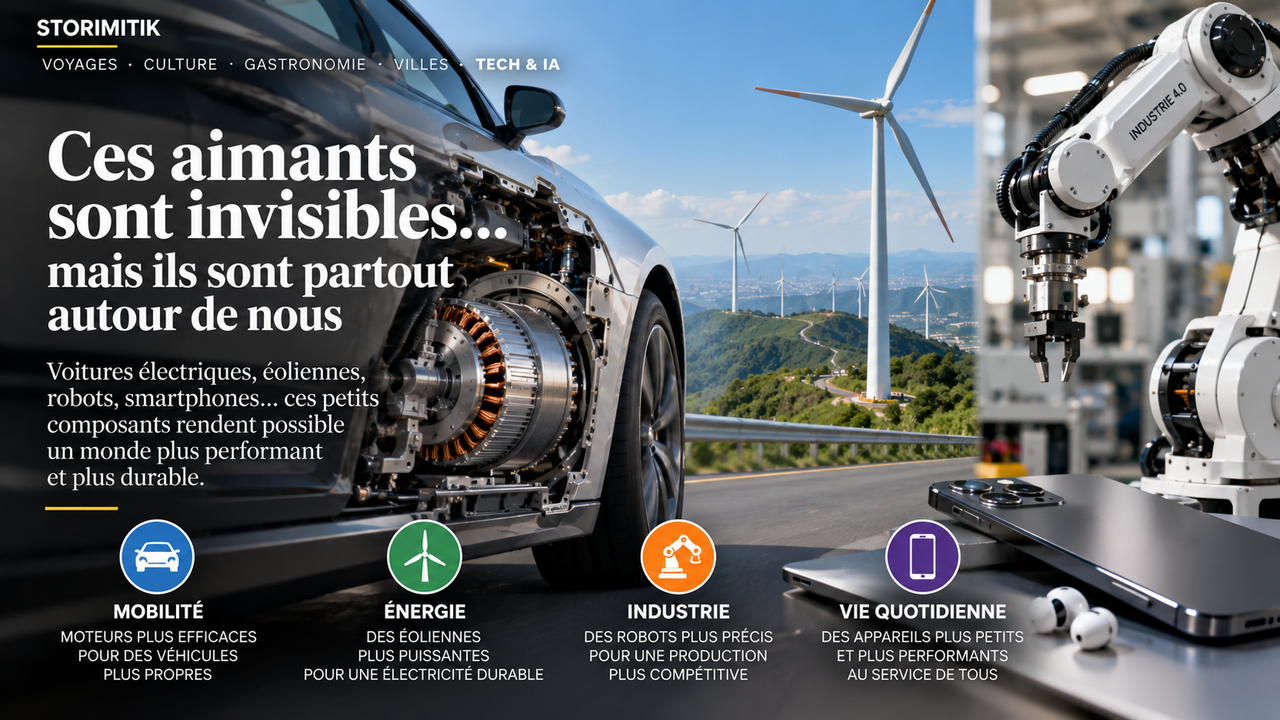 Illustration STORIMITIK montrant plusieurs usages d’aimants permanents à terres rares : moteur de véhicule électrique, éoliennes, robotique et électronique.