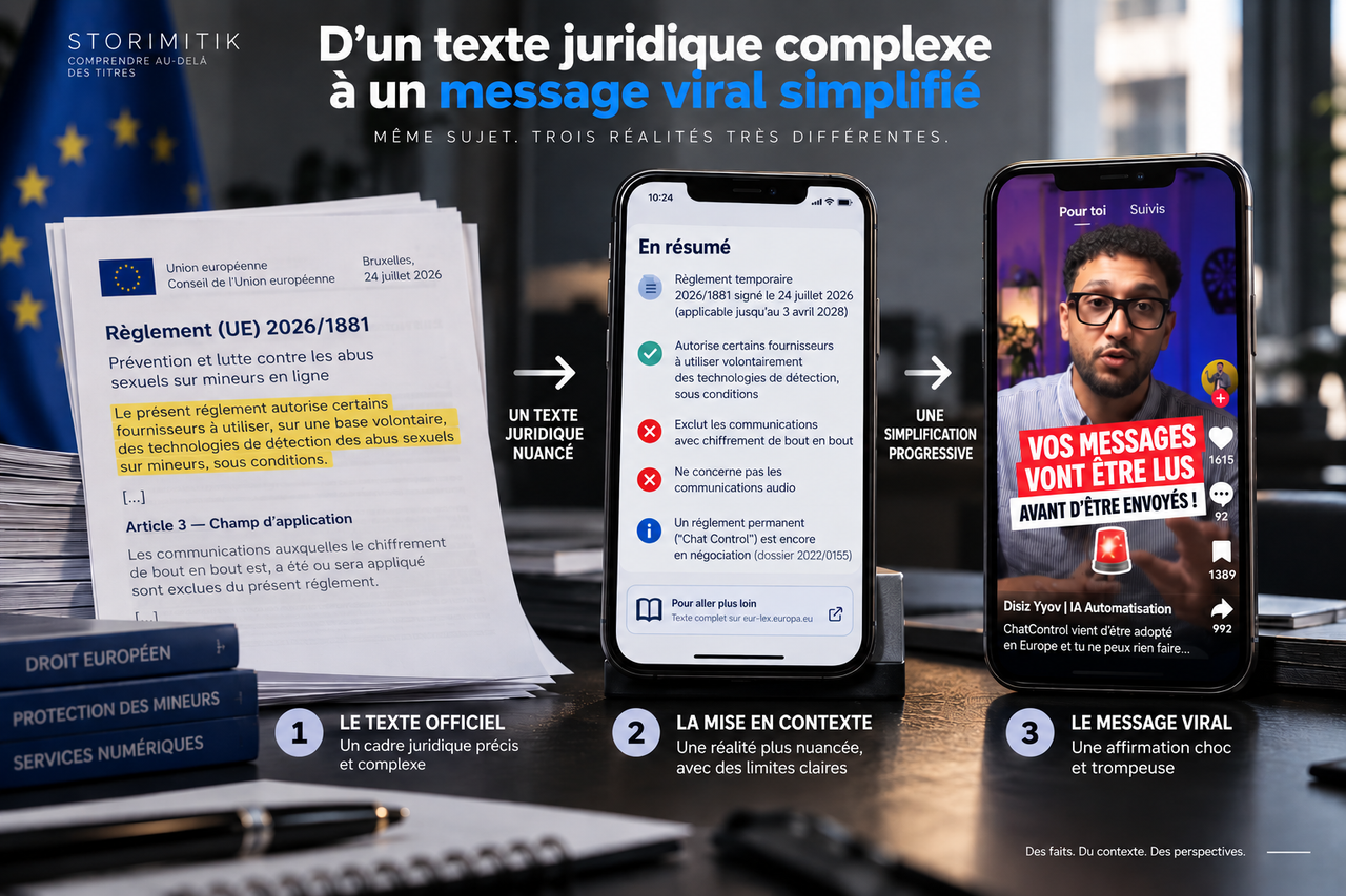 Infographie STORIMITIK montrant le passage d’un texte juridique européen nuancé à une mise en contexte puis à une affirmation virale simplifiée sur les réseaux sociaux.